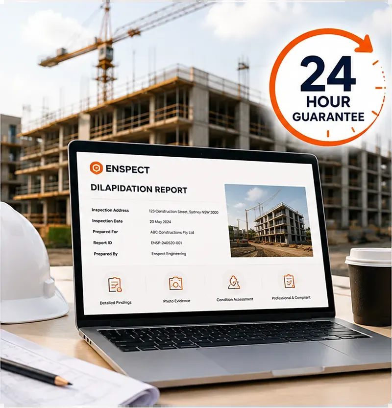 Enspect dilapidation report open on a laptop beside a construction site